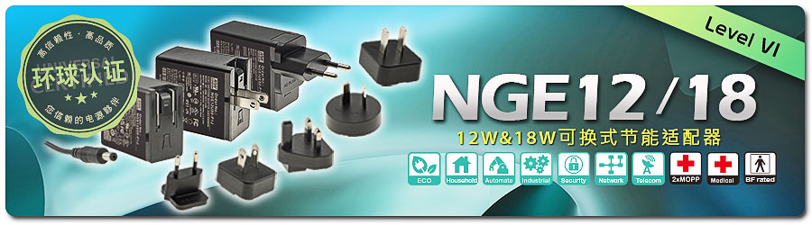 NGE12/18 系列：12W/18W 環球認證插墻可換式 AC 插頭節能適配器